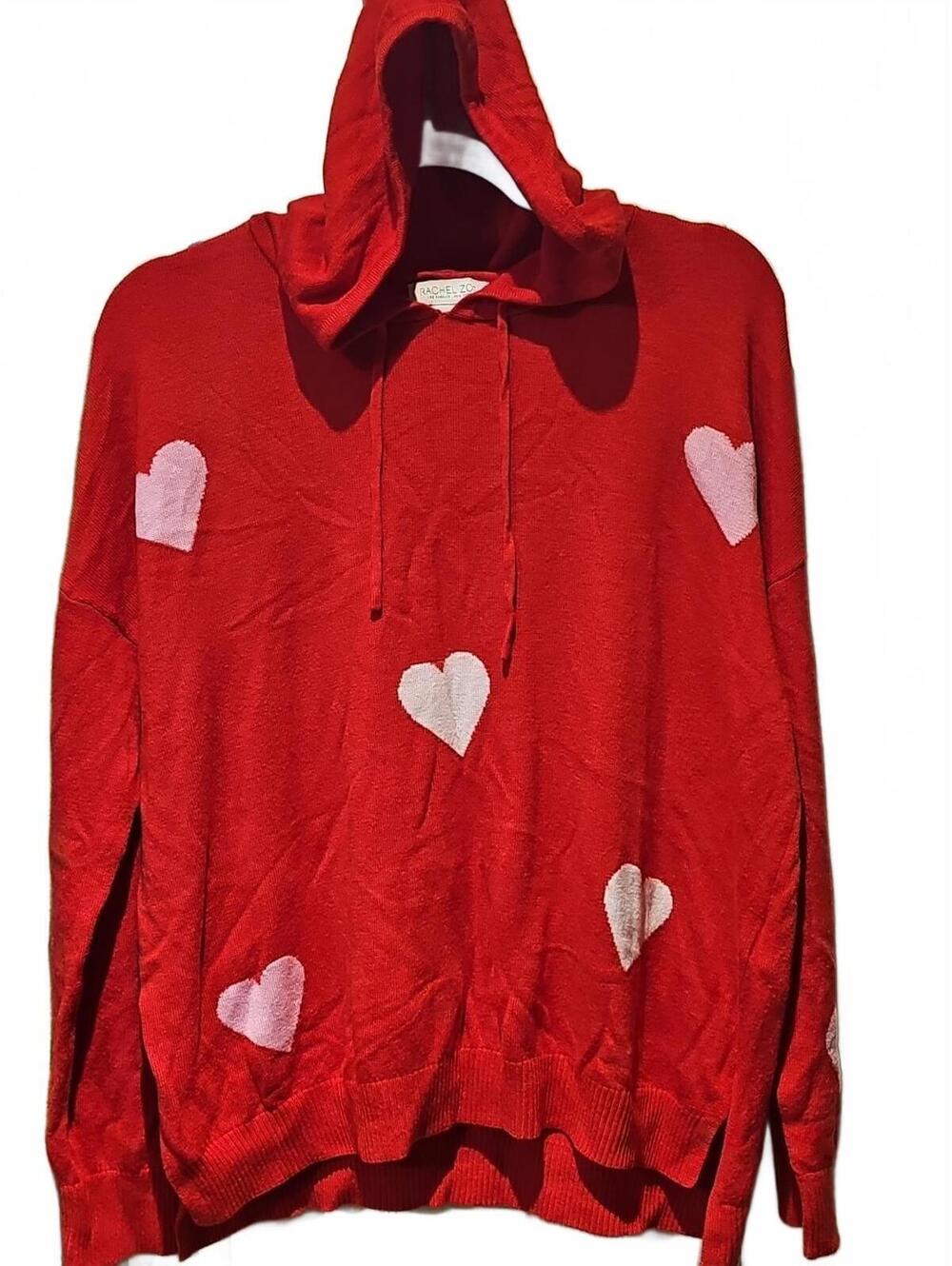 Rachel Zoe Red With Pink & White Hearts Cashmere blend Sweater Hoodie Size XL